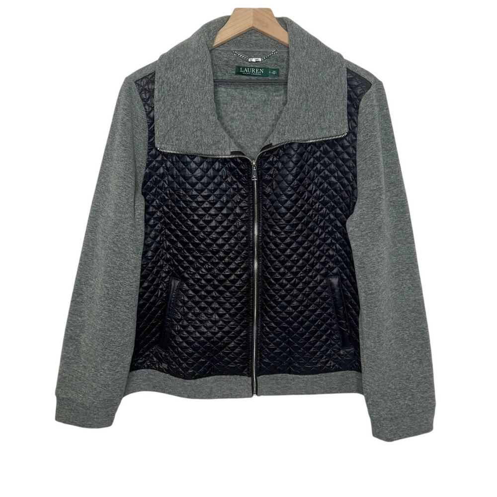 LAUREN RALPH LAUREN Quilted Fleece Full Zip Jacket Black Gray Size XL